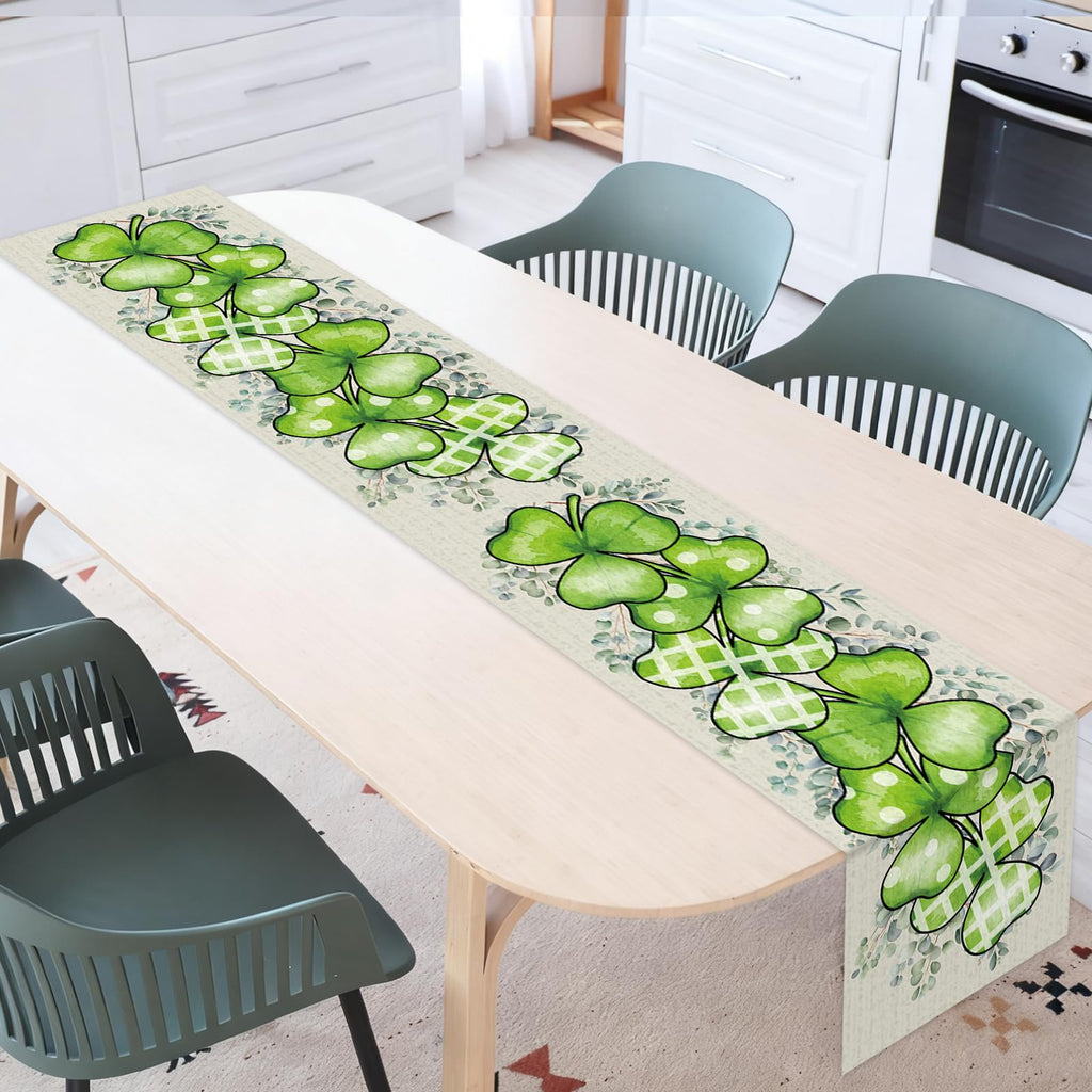 St. Patrick's Day Linen Table Runner Valentine's Day Table Runner Eucalyptus Hearts Lucky Shamrock Tables Decoration for Dinning Kitchen Home Party Decoration Supplies (13 x 72Inch)