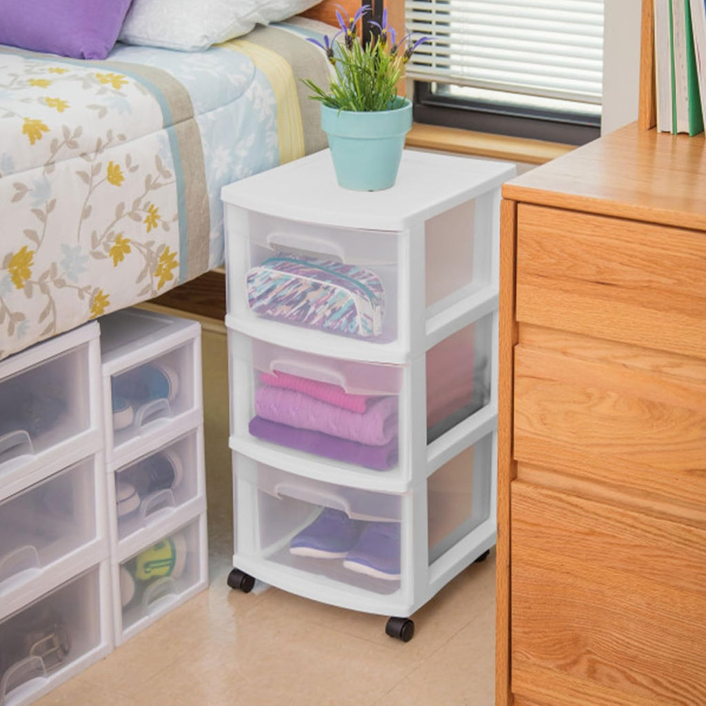 Sterilite 4 Pack Plastic Storage Organizer - 3 Drawer Rolling Bin Cart for Closet Organization | White