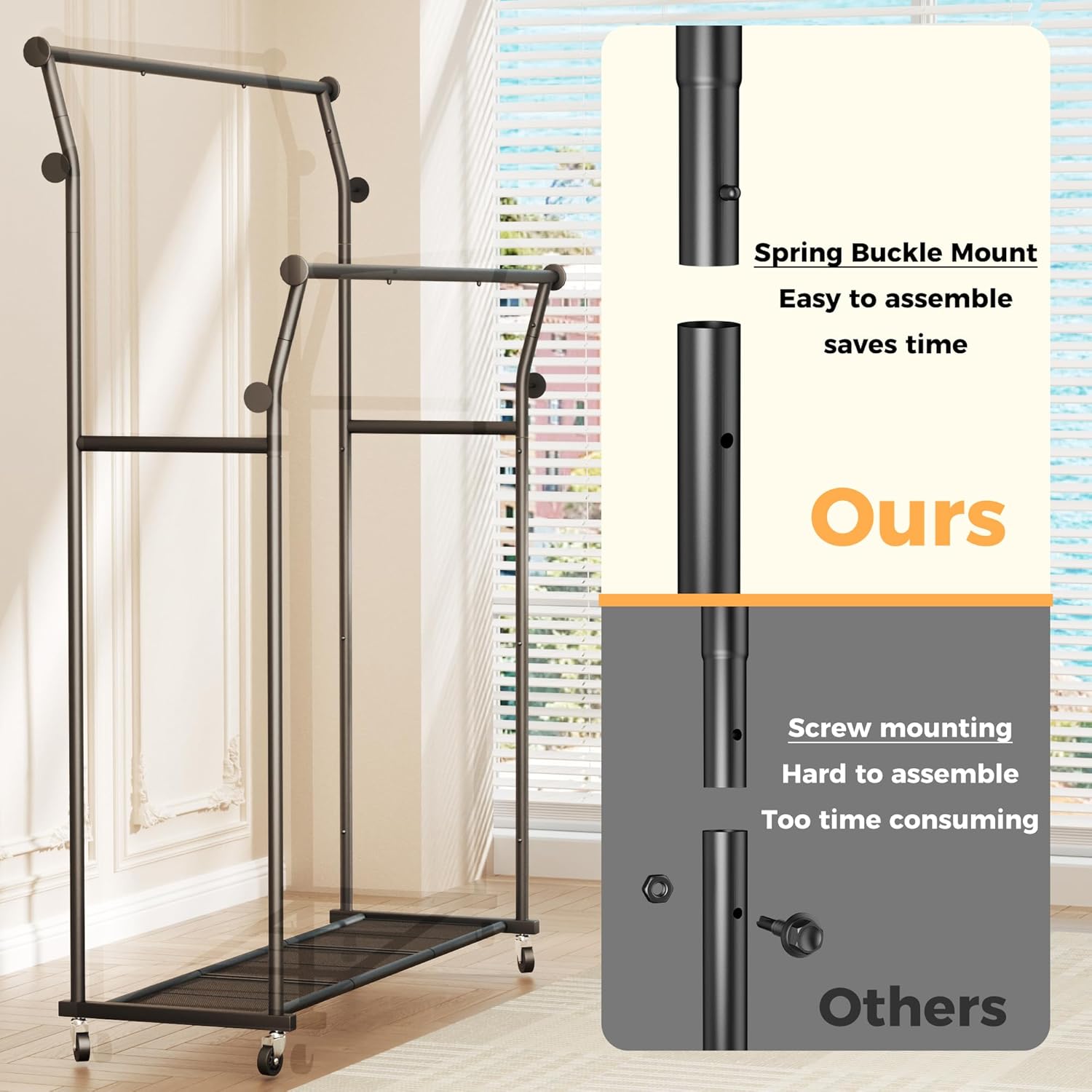 Skiennix Double Rods Clothes Rack - Portable Rolling Garment Rack with Hooks & Mesh Shelf | Black