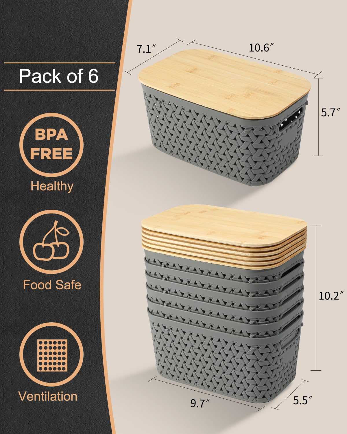 NEATJELAI Plastic Storage Bins with Bamboo Lids 6 Packs,Storage Baskets Pantry Decorative Containers for Organizing Desktop Closet Playroom Classroom Office,Gray,11.6*7.2*5.7'’