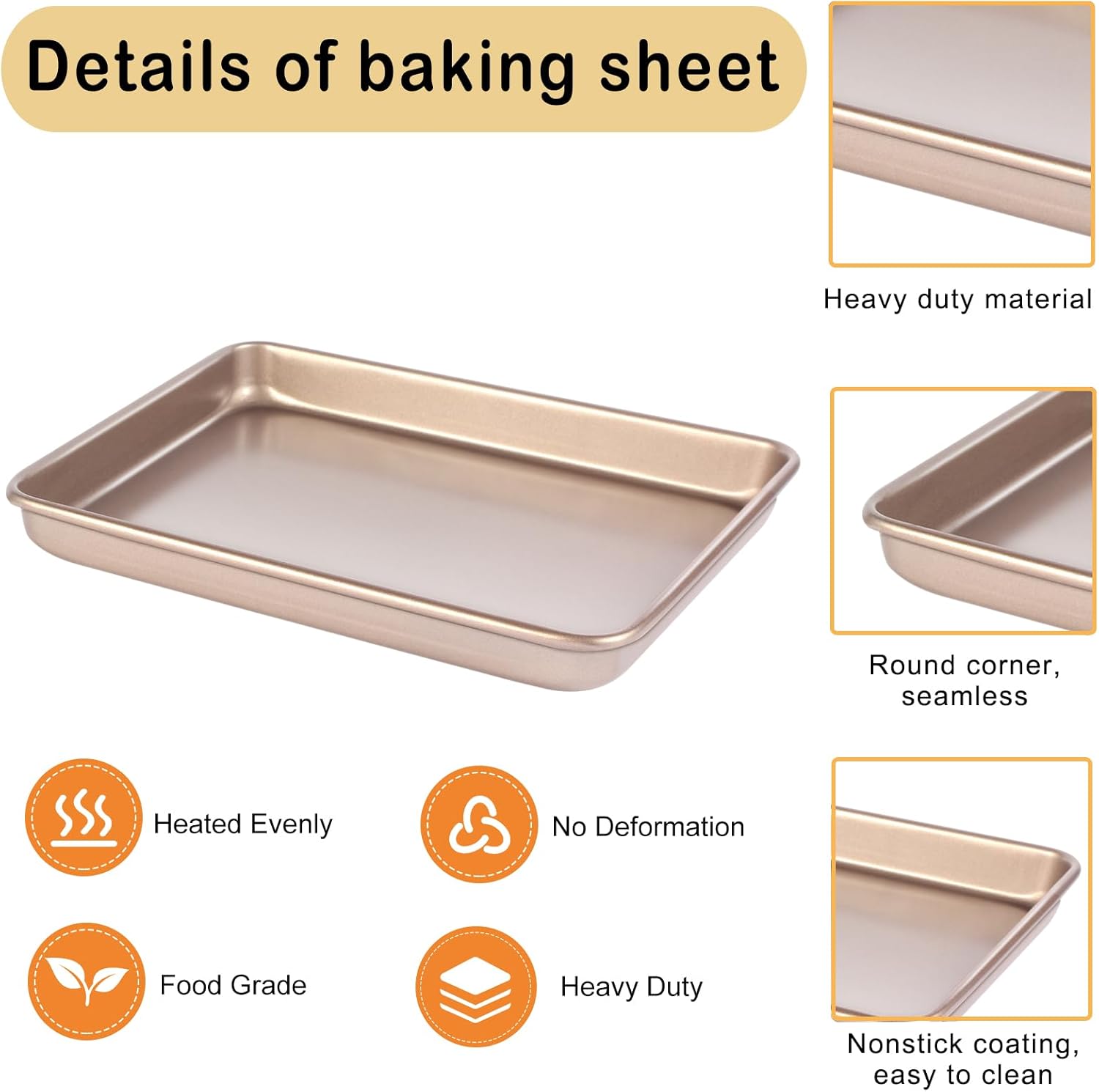 Small Cookie Sheet Pan 9x11 Inch - Nonstick Baking Tray 2-Pack | Heavy Duty Carbon Steel, Gold Finish
