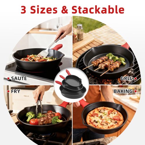 Cast Iron Skillet 3 Piece Set, Cookware Set 6, 8, 10 Inches, for Frying, Saute, &More, Easy Use in the Oven, Stove, Grill, or Campfire, Black, with Silicone Handle Grip Covers