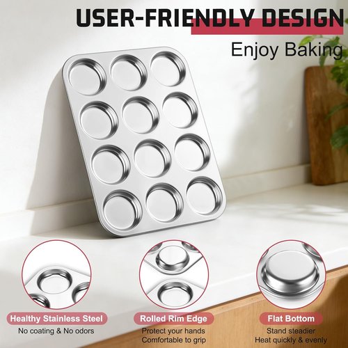 E-far Muffin Top Pan - 12-Cavity Stainless Steel Bakeware for Yorkshire Pudding & More | Non-Toxic & Dishwasher Safe