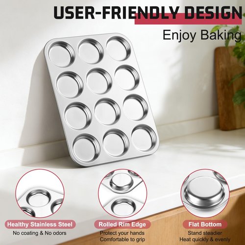 E-far Muffin Top Pan, 12-Cavity Stainless Steel Shallow Cupcake Pan for Yorkshire Pudding, Eggs, Whoopie Pie, Cornbread, Non-toxic & Dishwasher Safe - 2 Pcs