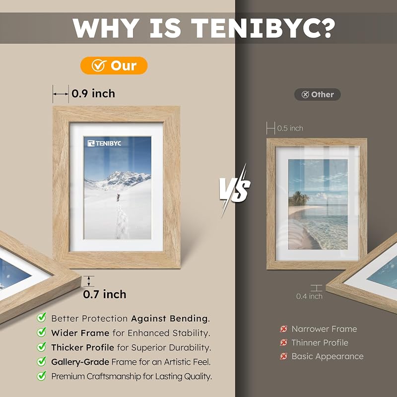 12x12 Picture Frame 4 Pack - Natural Wood, 10x10 Mat, Glass - TENIBYC Variation: Natural 4 Pack 12 X 12