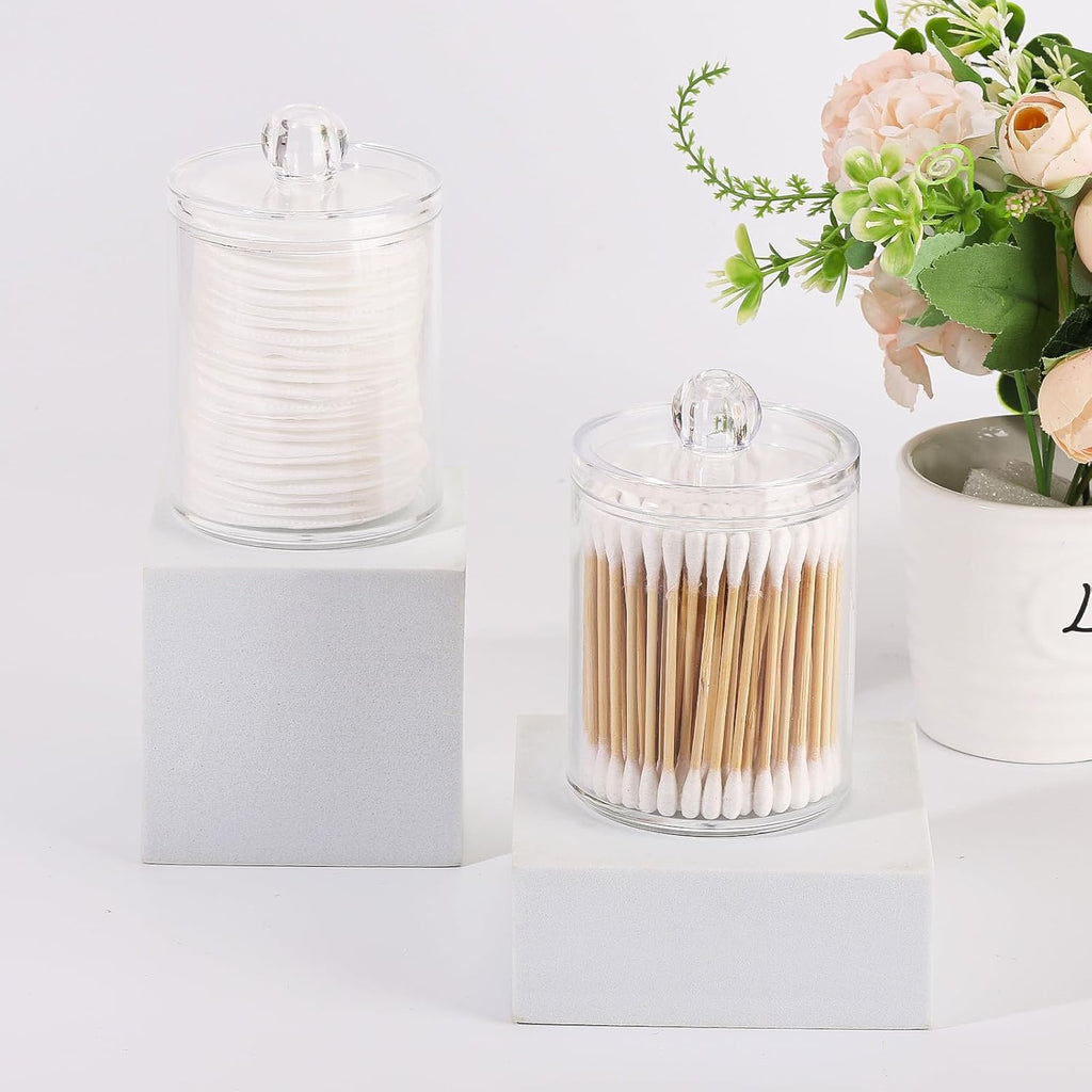 Tbestmax Qtip Holder Set - 4 Clear Plastic Apothecary Jars for Bathroom Organization | Cotton Swabs & More