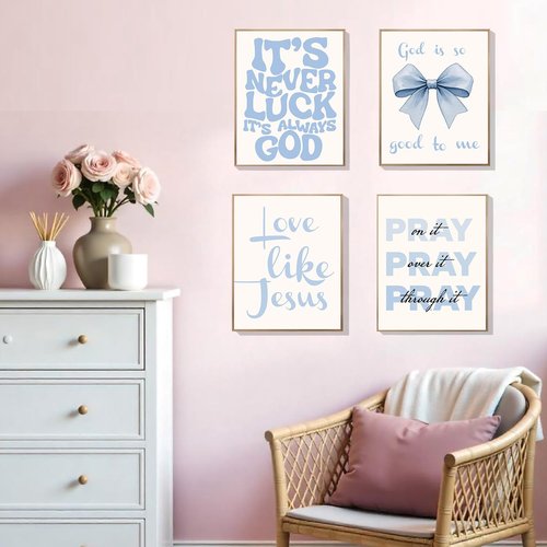 EVER-GOING TUNE Gray Blue Jesus Wall Decor Set of 4 | Inspirational Bible Verse Art for Girls' Bedroom, 8x10 Unframed