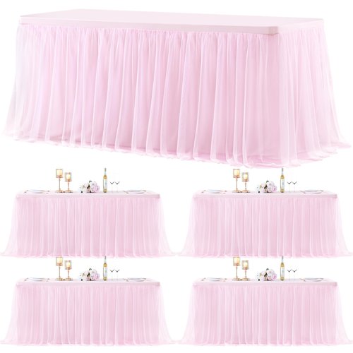4 Pack Pink Table Cloth for 6 Foot Rectangle Tables, Pink Stretch Fitted Tulle Table Covers Skirt, Rectangular Ruffle Tutu Tablecloth Wedding Banquet Baby Shower Cake Tablecloths Decorations