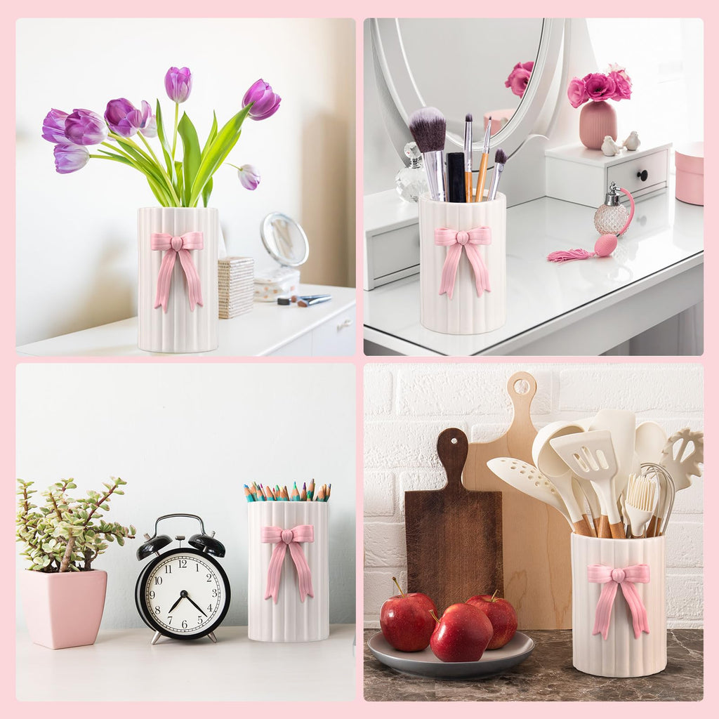 LemonRoad Pink Bow Ceramic Utensil Holder 3D Coquette Handmade Pink Kitchen Decor Mothers Day Kitchen Gifts Cooking Utensil Crock with Scalloped Preppy Caddy Pen Holder Vase for Countertop Spoon