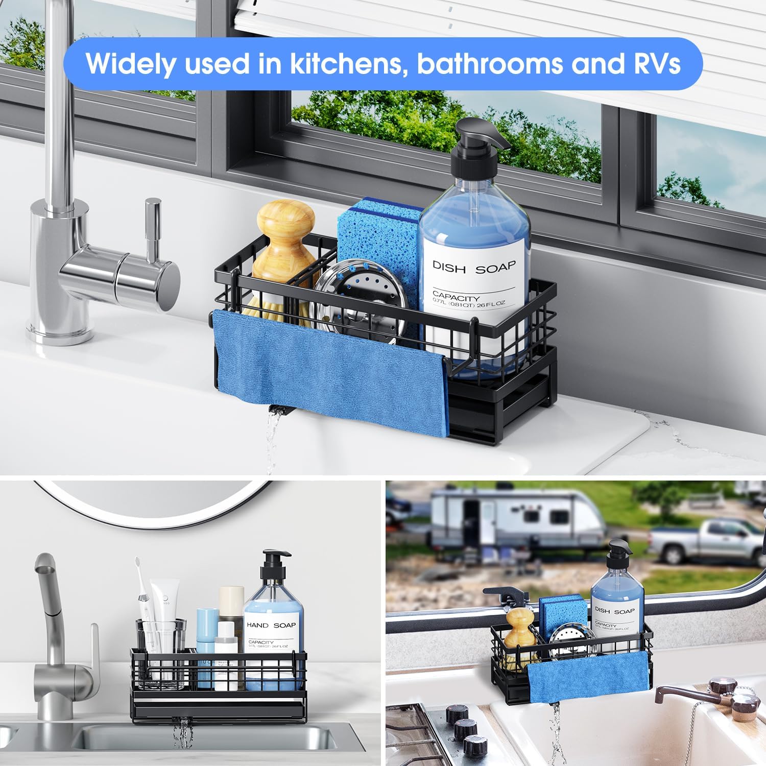 Rustproof Kitchen Sink Sponge Holder by [Brand Name] - Non-Slip Self-Draining Metal Caddy with Detachable Dish Cloth Holder (Black)