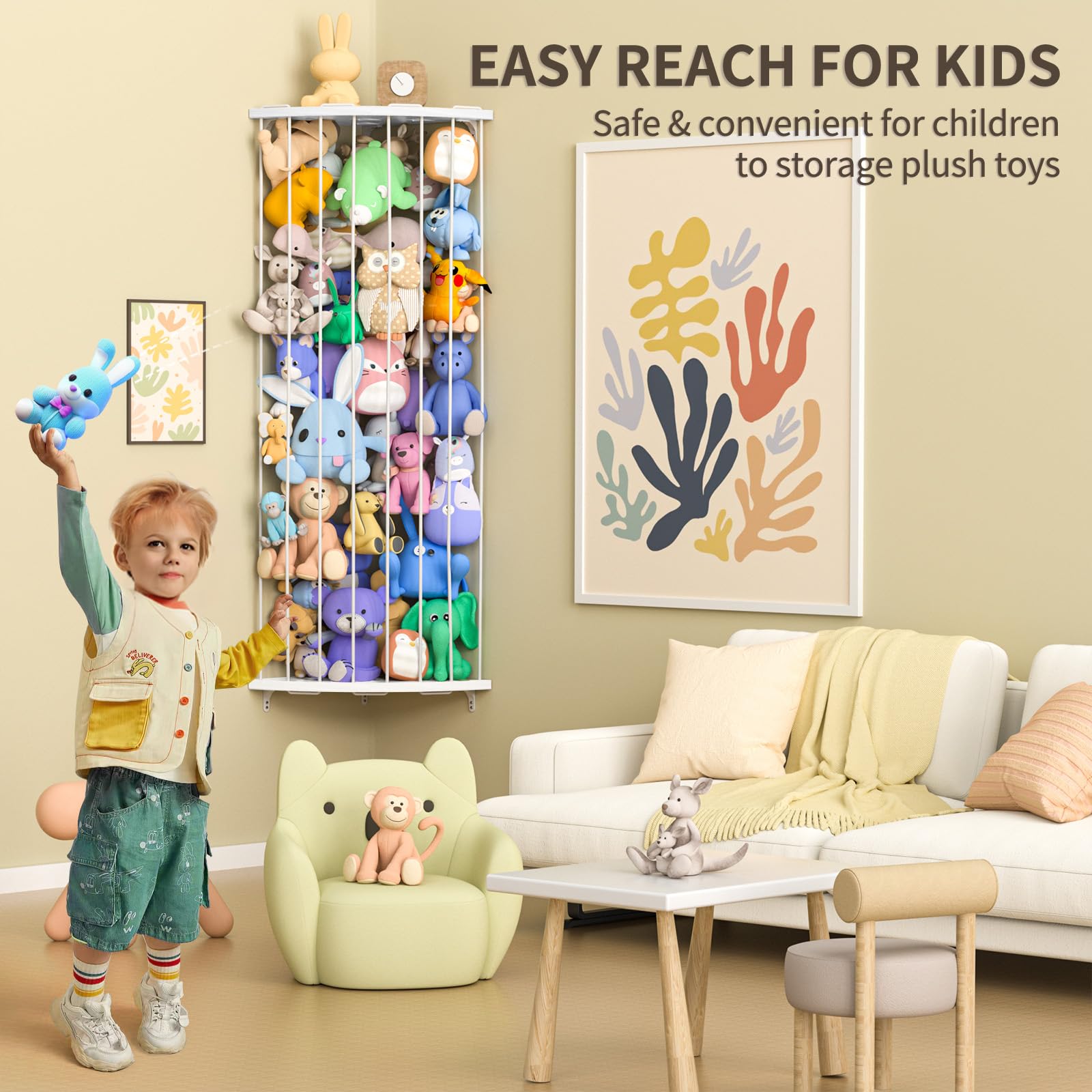Stuffed Animal Storage Wood Corner Plush Toys Holder with Star Pattern, Length Adjustable Large Hanging Stuffed Animal Toy Organizer Shelf for Nursery Play Room Bedroom Kids Room Furniture