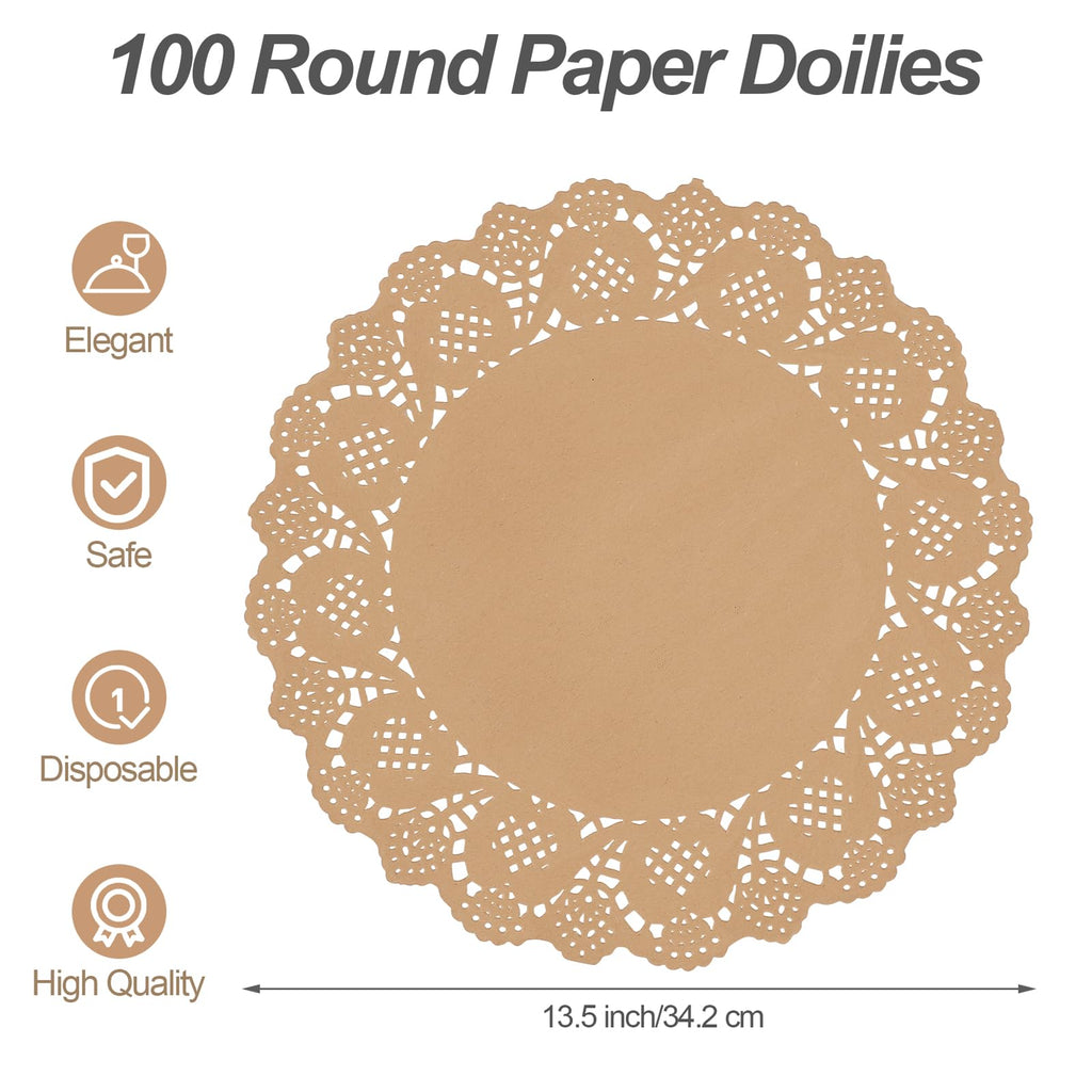 MCEAST 100 Pack Round Brown Kraft Paper Doilies 13.5 Inches Lace Paper Place Mats Rustic Scallop Doily Disposable Table Pads for Food Cakes Crafts Party Weddings Tableware Decor