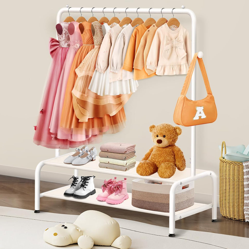 Skiennix Kids Clothing Rack - Mini Freestanding Dress Up Organizer with 2 Fabric Shelves - Toddler Closet Solution