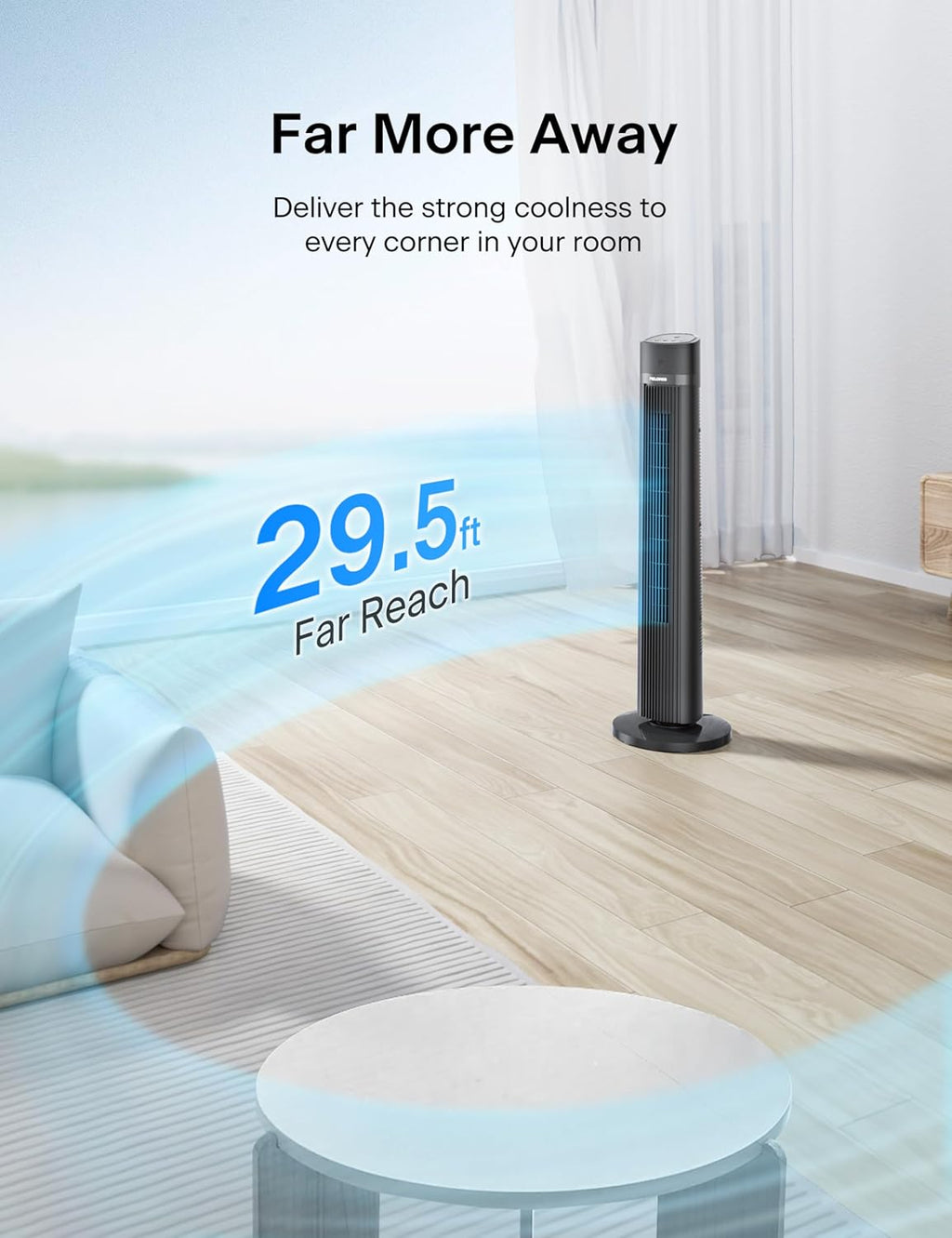 Pelonis 40-Inch Bladeless Tower Fan - Quiet 3-Speed Standing Fan with Remote, 90° Oscillation, Grey