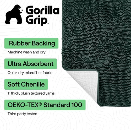 GORILLA GRIP Bath Rug Mat - Thick Soft Absorbent Chenille | Quick Dry Microfiber, 30x20, Hunter Green