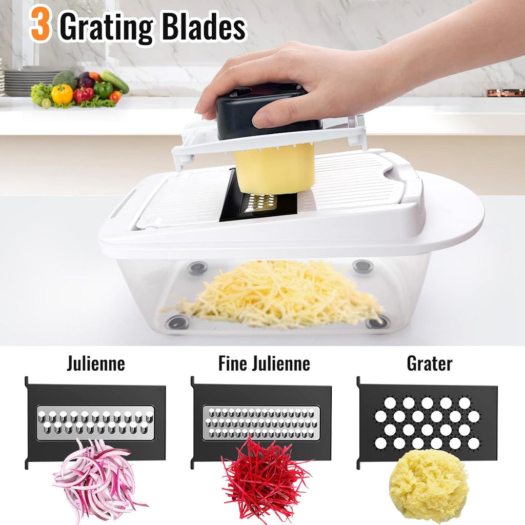 Skiennix 8-Blade Vegetable Chopper - All-in-One Mandoline Slicer with Container for Effortless Food Prep | White