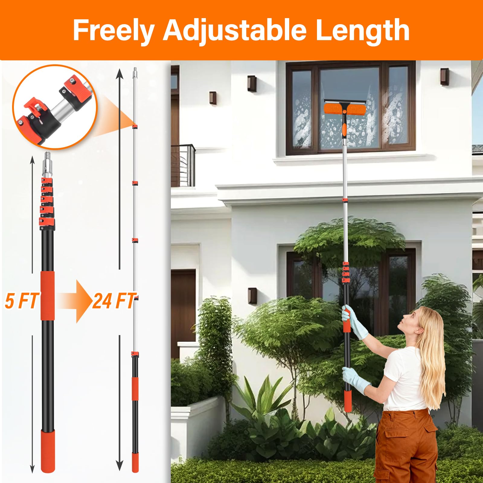 30FT High Reach Duster Cleaning Kit with 24FT Pole | 4-in-1 Tool Set with Universal Swivel Joint | High Ceiling Fan Cleaner, Microfiber Duster & Window Squeegee for Safe High-Reach Cleaning