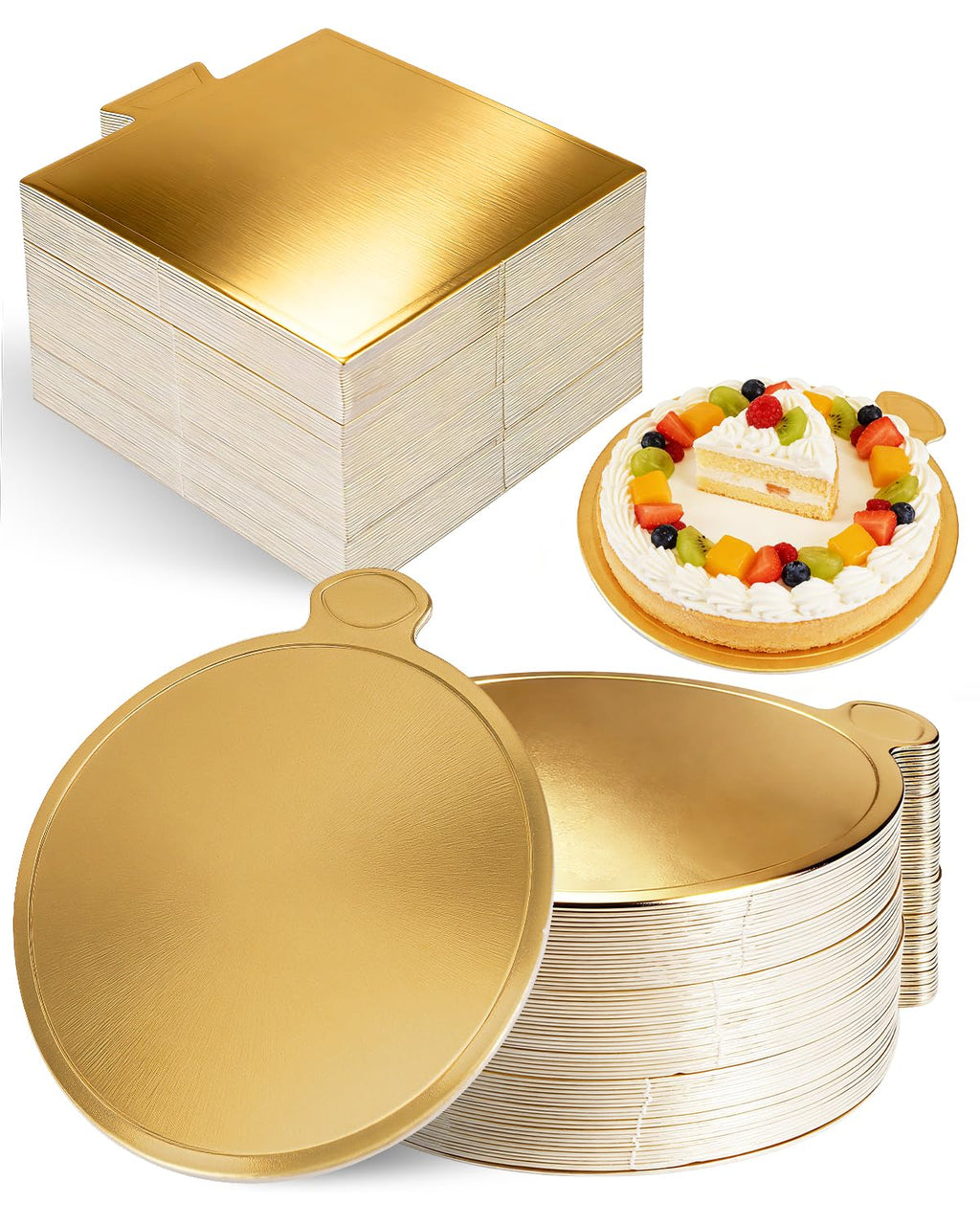 CHONNFEASTT® 120PCS Mini Gold Cake Boards with Tab – 3.5" Round & Square Dessert Bases Para Postres – Grease-Proof Cardboard Flan Plates for Party Mousse Cakes, Cupcakes, Petit Fours, Bakeries, Pastry