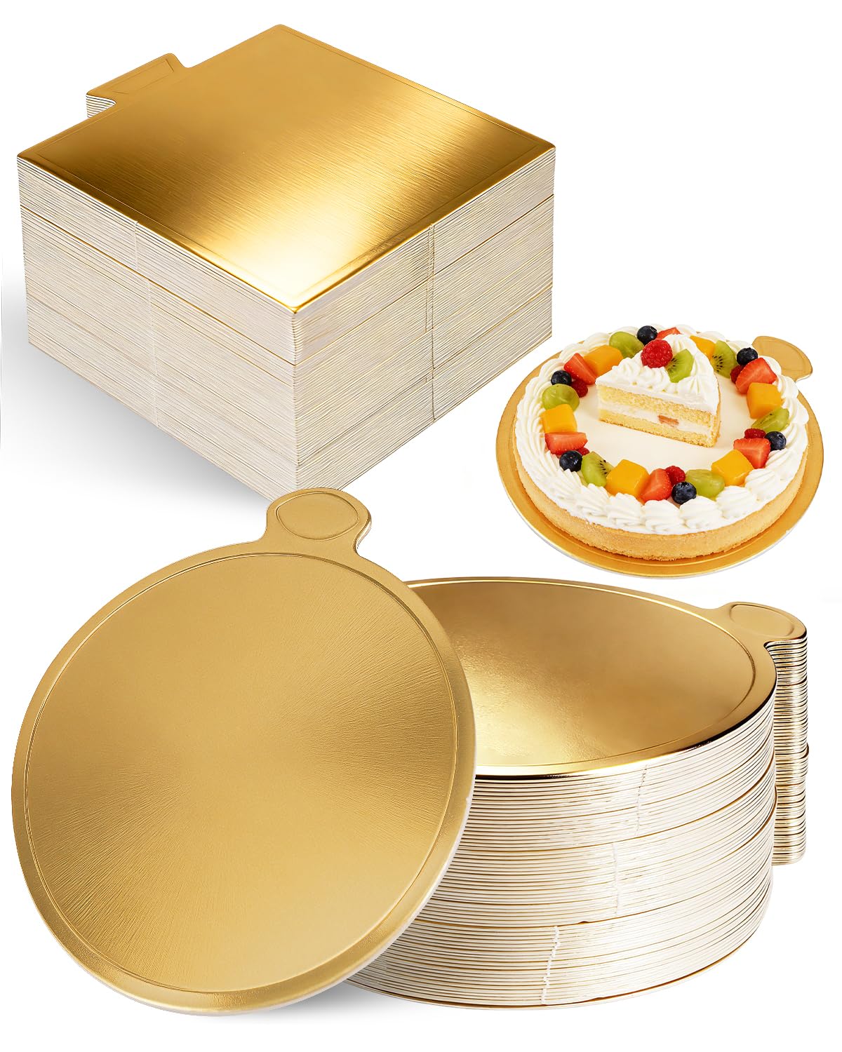 CHONNFEASTT® 120PCS Mini Gold Cake Boards with Tab – 3.5" Round & Square Dessert Bases Para Postres – Grease-Proof Cardboard Flan Plates for Party Mousse Cakes, Cupcakes, Petit Fours, Bakeries, Pastry