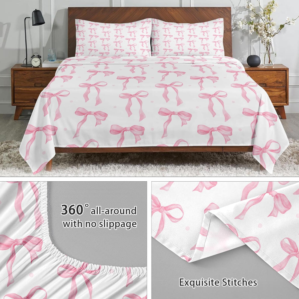 Zzzboro 4 Pcs Fitted Sheet Set Queen Size, Cute Coquette Pink Bow Bowknot, Bed Decor Sweet Themed Elegant Girly Baby Bedroom Sets Pillowcase Bedsheet Bedding Flat Sheet for Kids and Adults