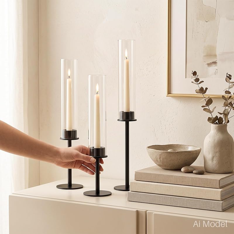 Black Candle Holders Set of 6 - Modern Hurricane with Glass Cylinders (Variation: Black+6)
