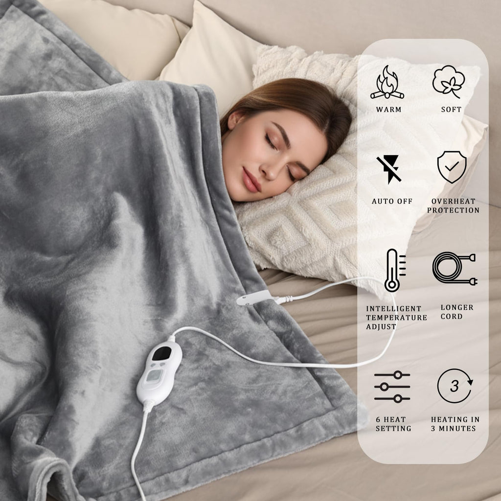 Yosamio Heated Blanket Electric Throw 60"x84", 8lbs Thick Flannel Heating Blanket, 6 Heat Levels & 9 Hours Auto Off, Machine Washable Overheated Protection Electric Quilt for Couch, Bed, Sofa (Gray)