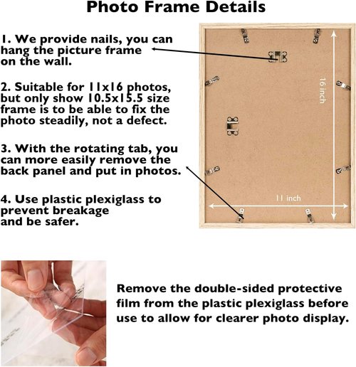 JCJMY 11x16 Picture Frame - Wall Mounting Horizontally or Vertically | Shatter-Resistant Plexiglass, Natural Finish