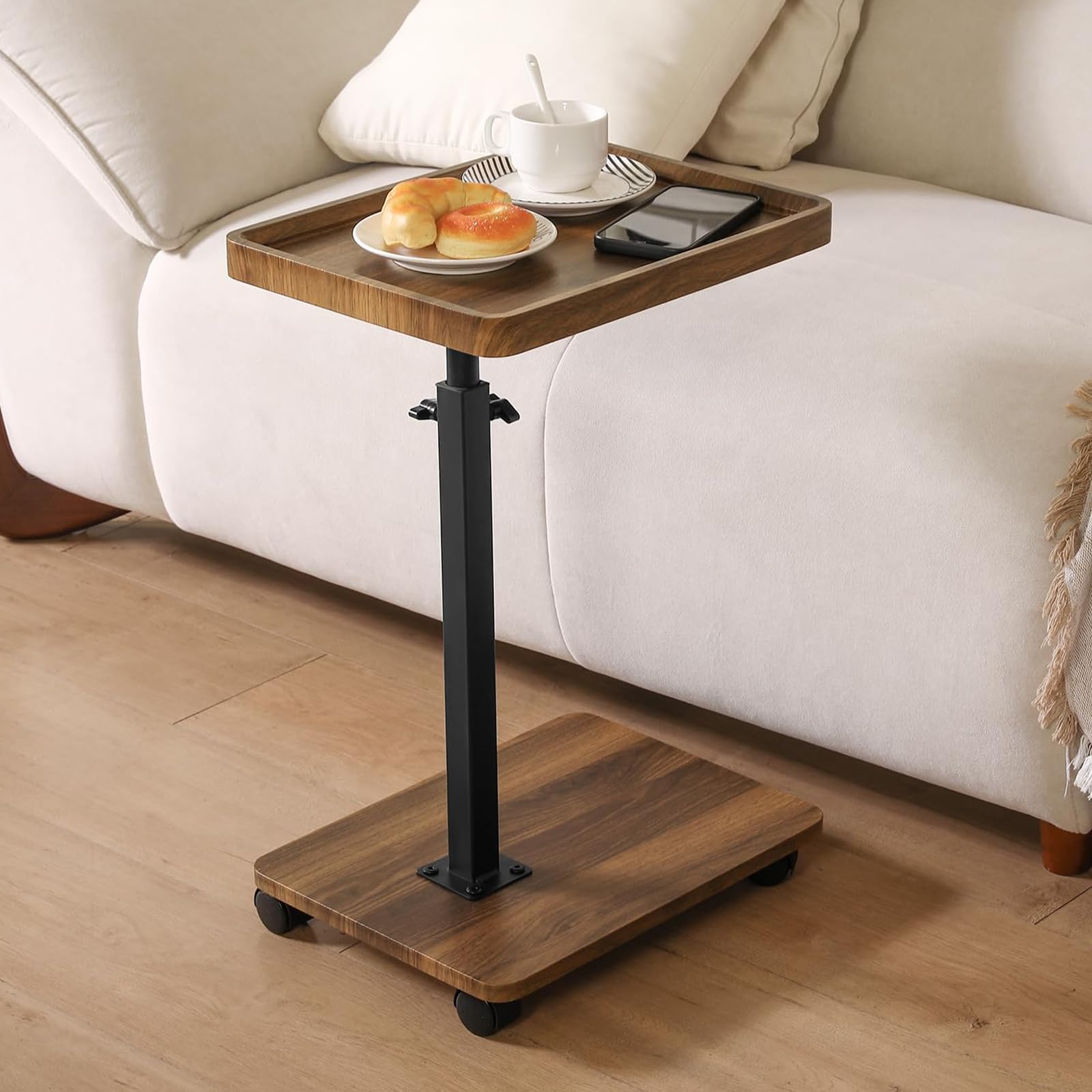 Adjustable Height Couch Tables that Slide Under Sofa, 360° Swivel Modern Tv Tray Table with Wheel, C Shaped End Table for Couch, C Table for Small Place, Perfect for Livingroom, Bedroom