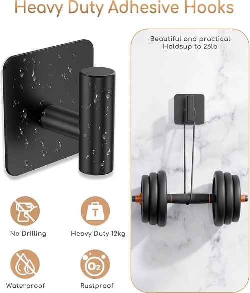 Aikzik Heavy Duty Wall Hooks - 26lb Max Capacity, Stainless Steel Adhesive Towel & Coat Hooks | Matte Black, 4 Pack