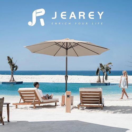 JEAREY 9FT Outdoor Patio Umbrella - Market Umbrella with Push Button Tilt & Crank | UV Protection & Waterproof (Cream Beige)