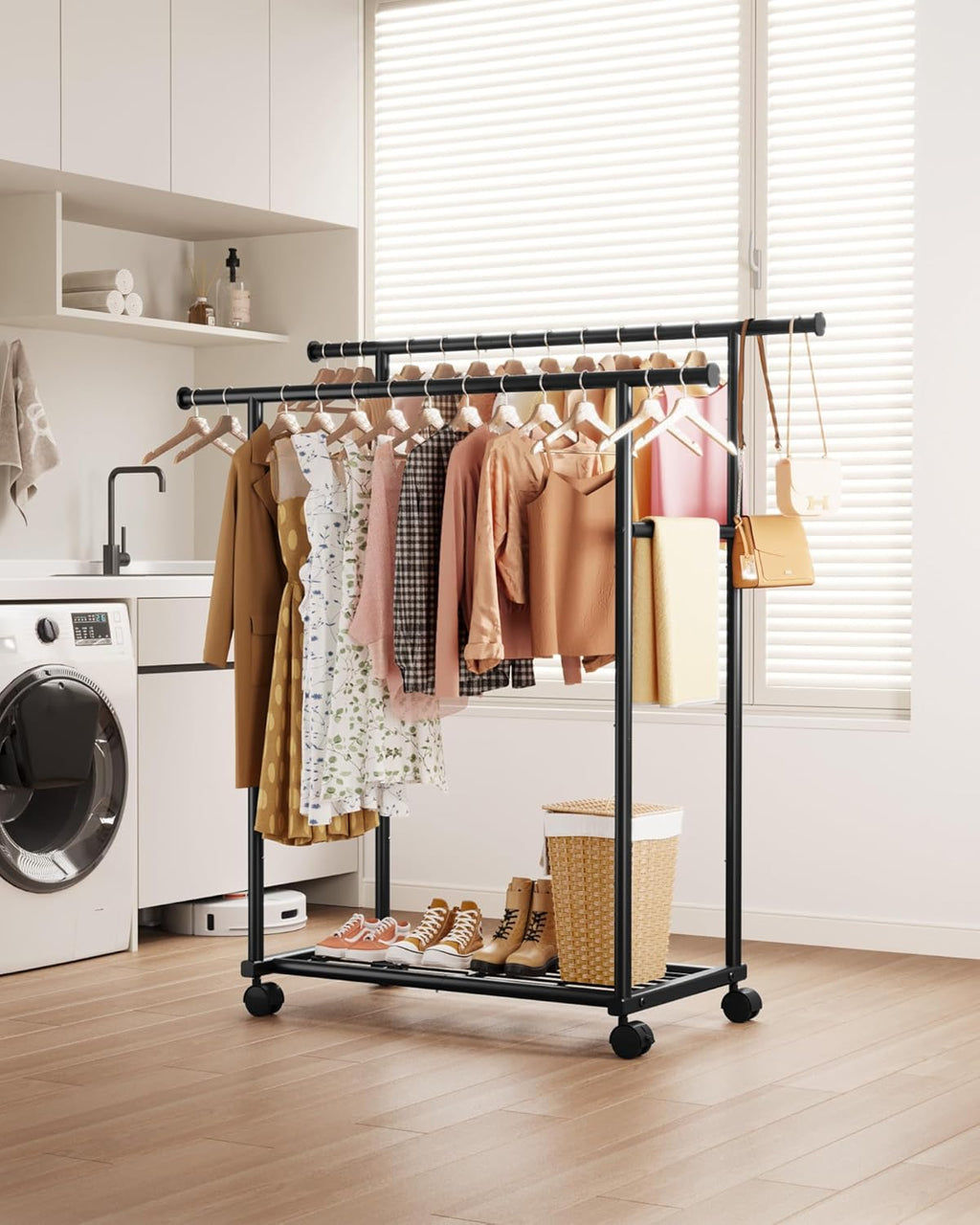 Sakugi Metal Clothes Rack - Double Rod Design with Rolling Wheels & Built-In Shelf | 38.5" x 16.9" x 59.0", Black