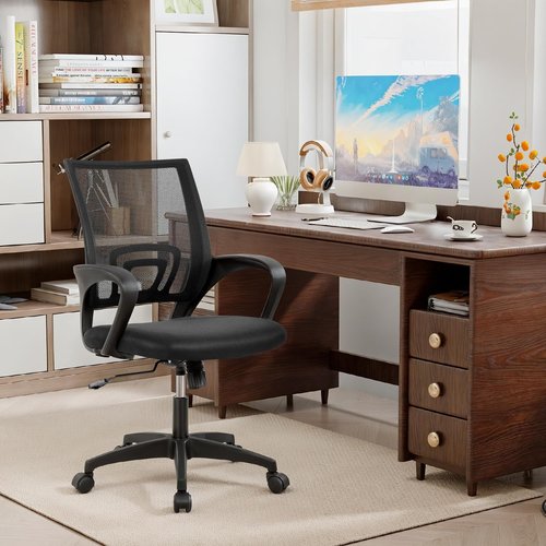 BestOffice Ergonomic Office Chair - Mid-Back Swivel Desk Chair with Breathable Backrest & Lumbar Support - Adjustable Height & Rolling Wheels - Dark Black for Adults & Women