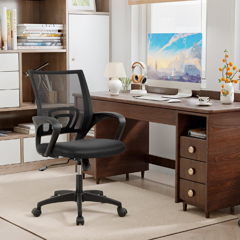BestOffice Ergonomic Office Chair - Mid-Back Swivel Design with Breathable Backrest & Lumbar Support - Adjustable Height, Sponge Seat, Rolling Wheels - Dark Black for Adults & Women