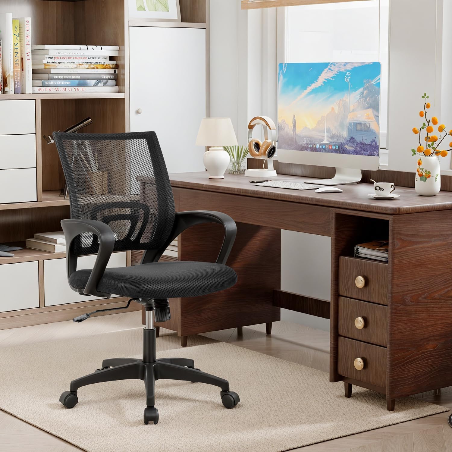 BestOffice Ergonomic Office Chair - Mid-Back Swivel Design with Breathable Backrest & Lumbar Support - Adjustable Height, Sponge Seat, Rolling Wheels - Dark Black for Adults & Women