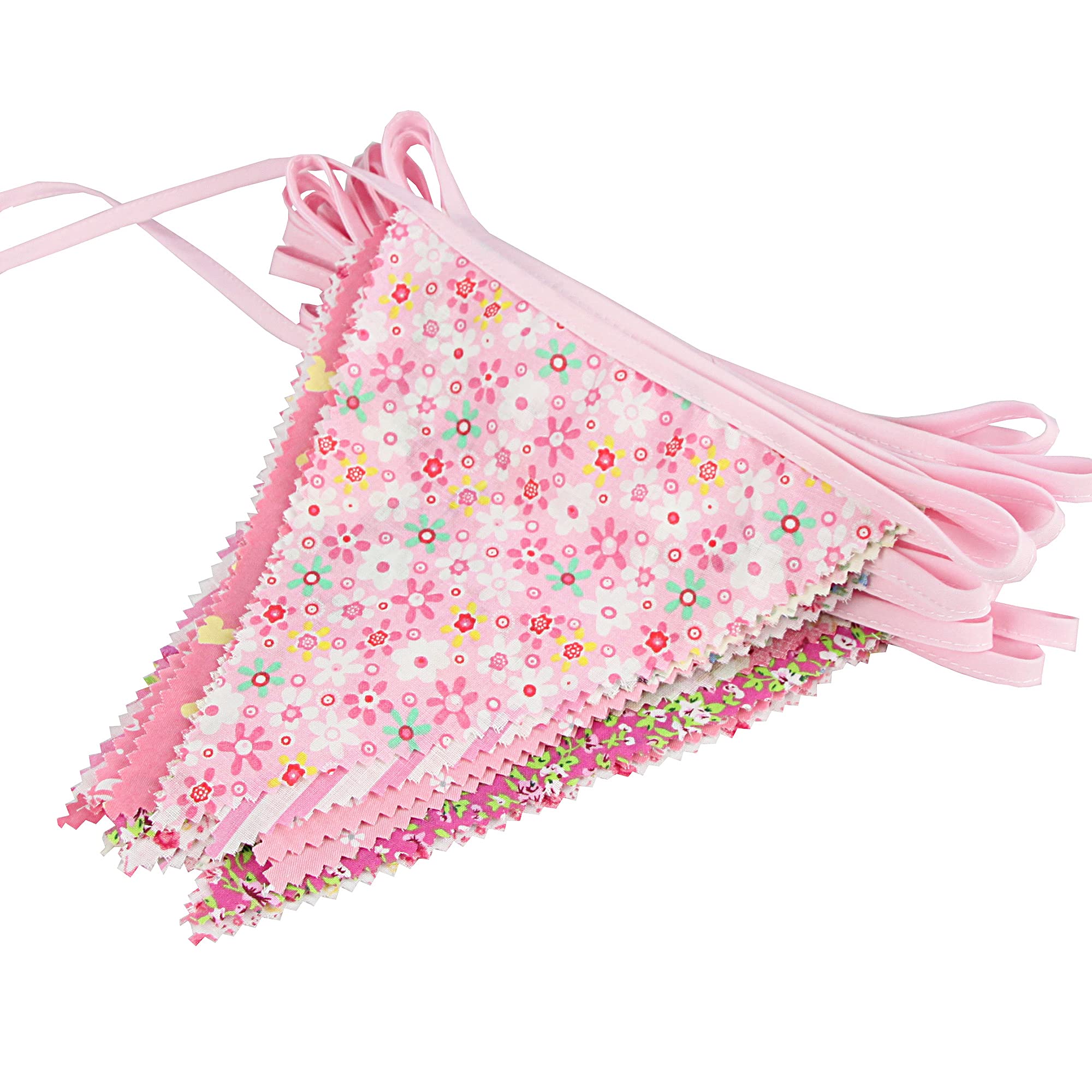 G2PLUS 39Ft Triangle Bunting Banner, 42Pcs Pink Floral Garland Pennant Banner, Reusable Cotton Triangle Flags Party Decoration for Birthday, Wedding, Garden Tea Party, Baby Shower, Room Decor