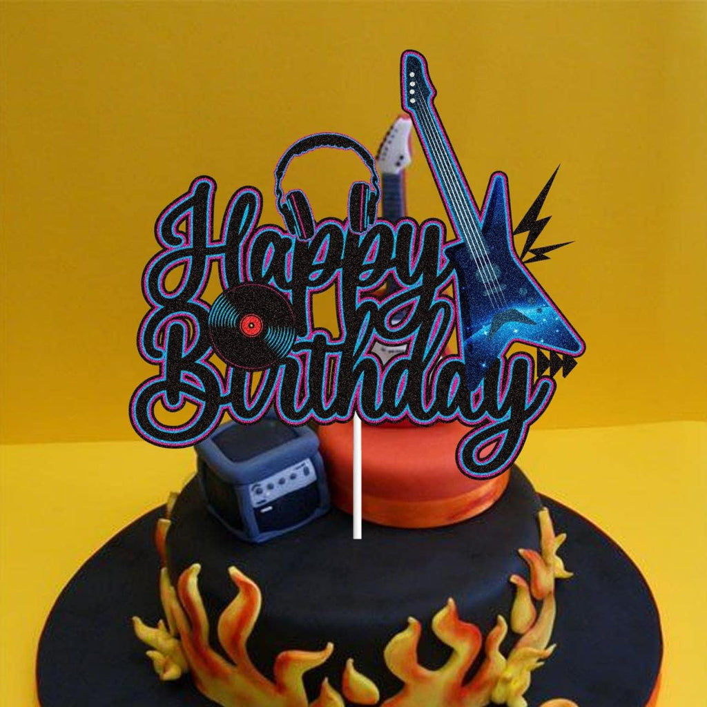 Skiennix Electric Guitar Birthday Cake Topper - Black & Purple Glitter Rock Music Theme Decor