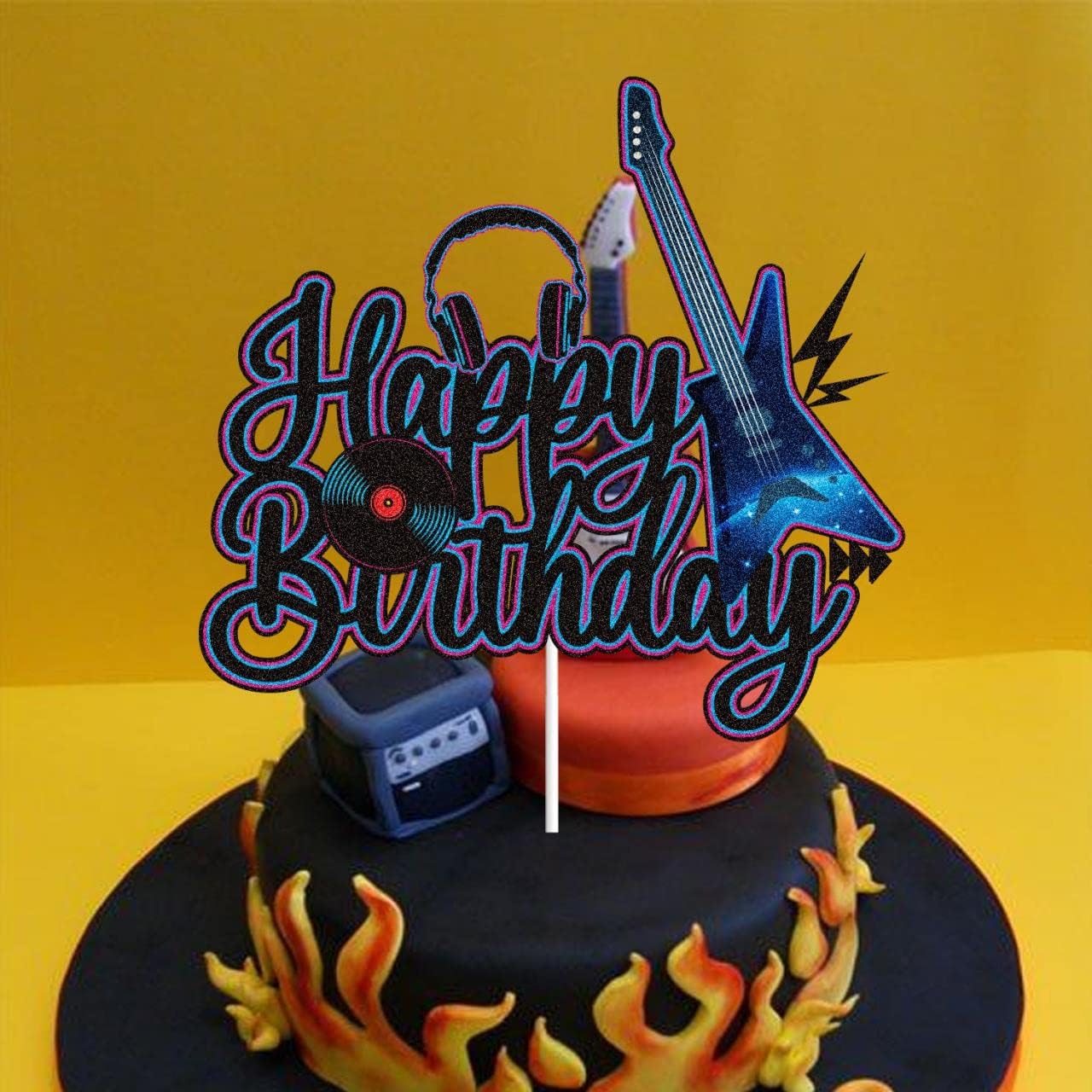 Skiennix Electric Guitar Birthday Cake Topper - Black & Purple Glitter Rock Music Theme Decor