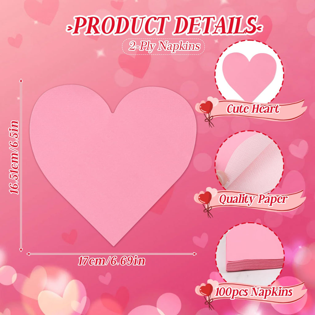 FOIMAS 100pcs Valentine Heart Paper Napkin,Disposable Pink Heart Cocktail Napkins for Anniversary Valentine's Day Party Wedding Birthday Table Decoration Supply