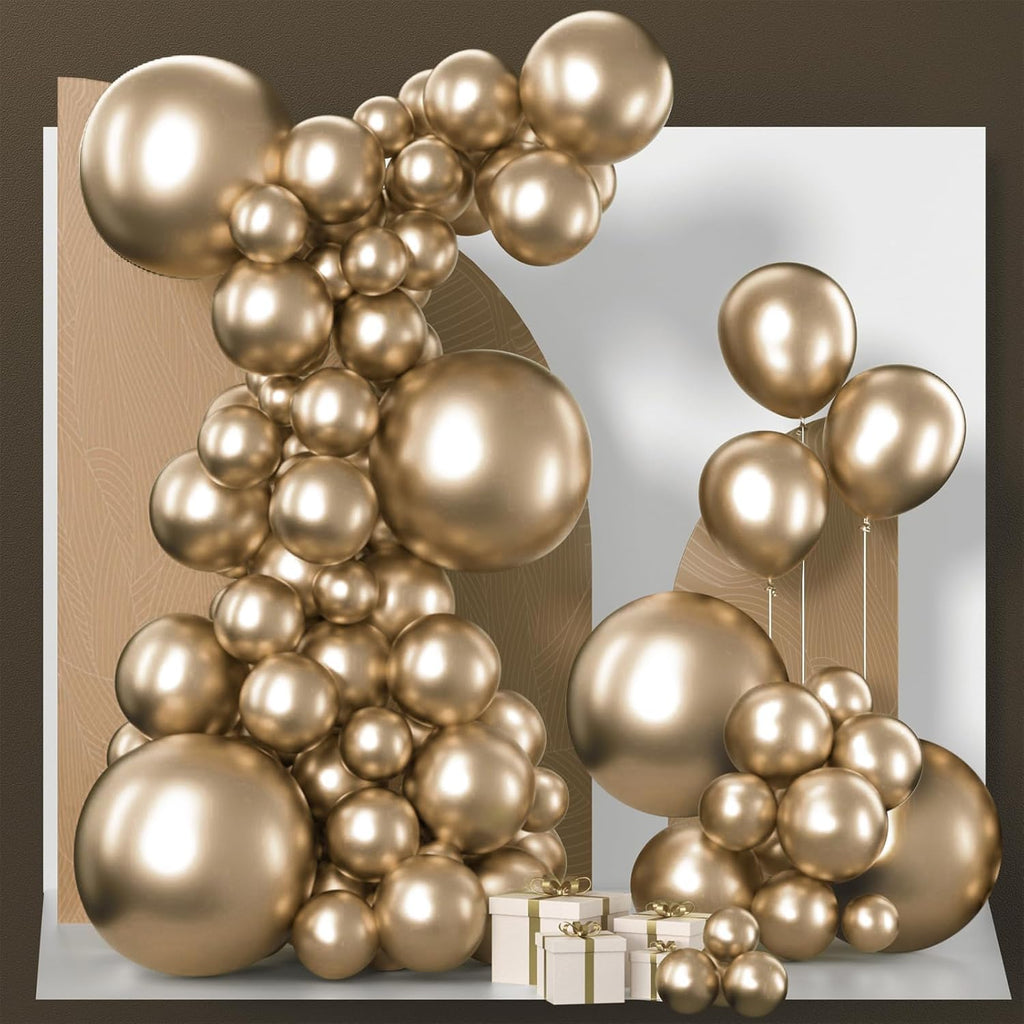 PartyWoo Metallic Gold Balloons - 120-Piece Chrome Balloon Arch Kit for Birthday & Wedding Decor | 5-18 Inch Sizes