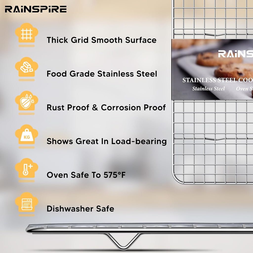Rainspire Cooling Rack - Heavy Duty Stainless Steel Baking Rack | Oven Safe, Fits Quarter Sheet Pan, 8.5" x 12", 2-Pack