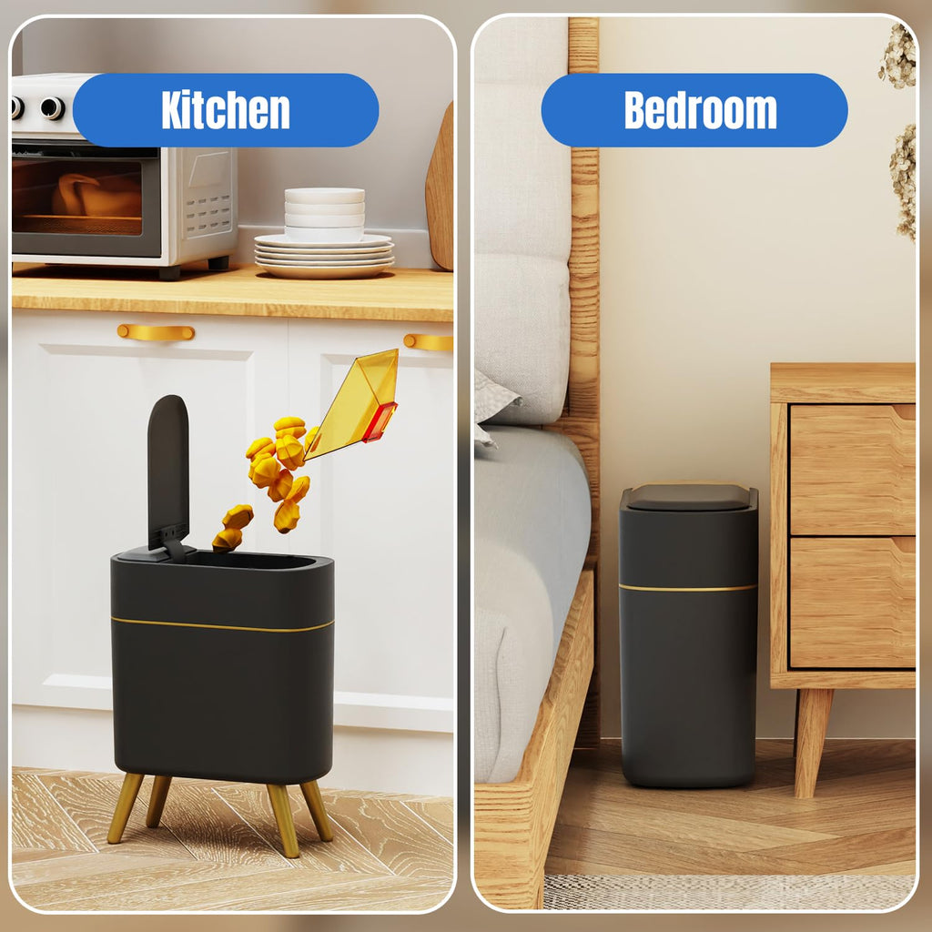 Yatmung Bathroom Trash Can Automatic Touchless Modern Smart Trash Bin - Narrow Waste Basket for Bedroom, Laundry Room, Office, Plastic - Motion Sensor Garbage Can with Lid - Black with Gold Edge