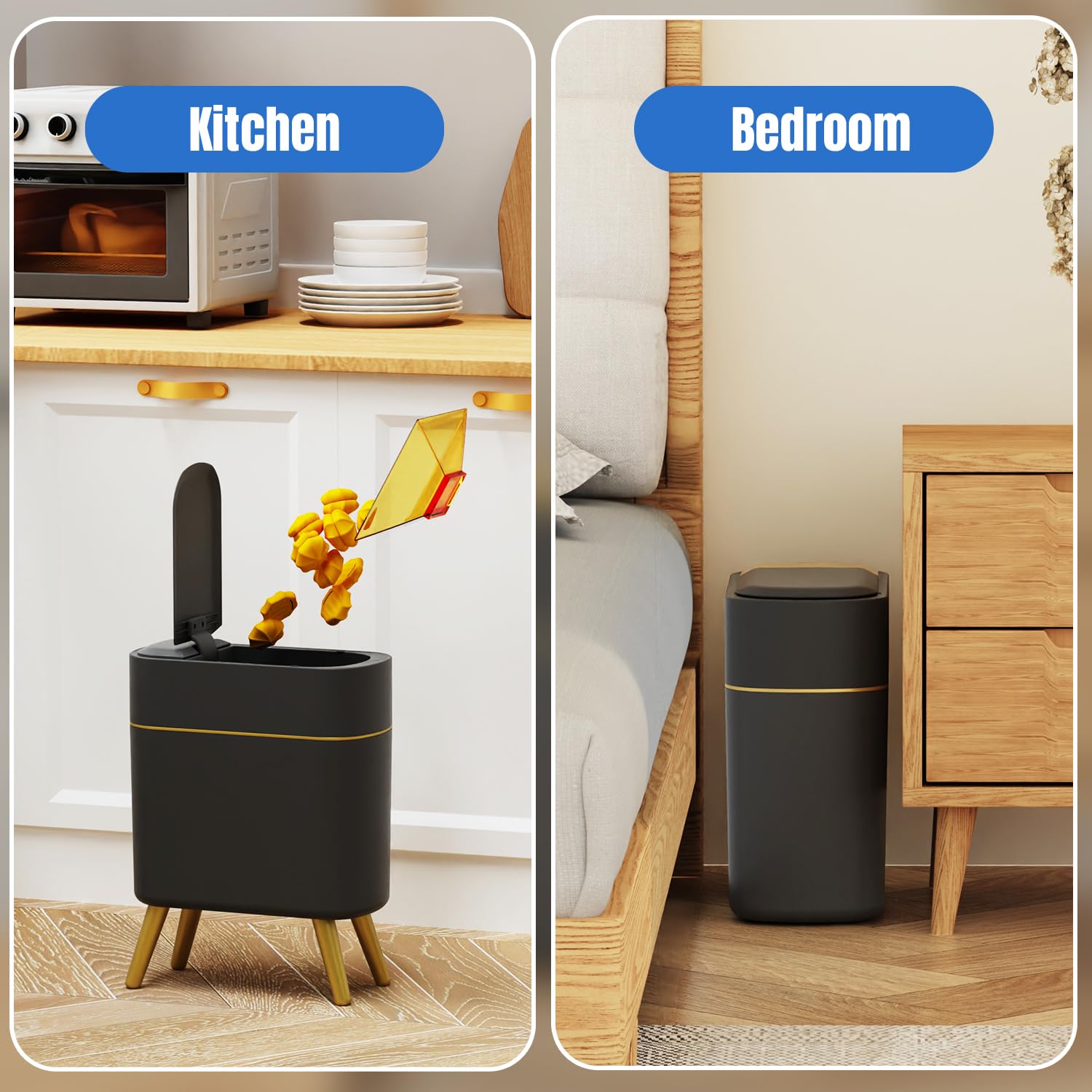 Yatmung Bathroom Trash Can Automatic Touchless Modern Smart Trash Bin - Narrow Waste Basket for Bedroom, Laundry Room, Office, Plastic - Motion Sensor Garbage Can with Lid - Black with Gold Edge