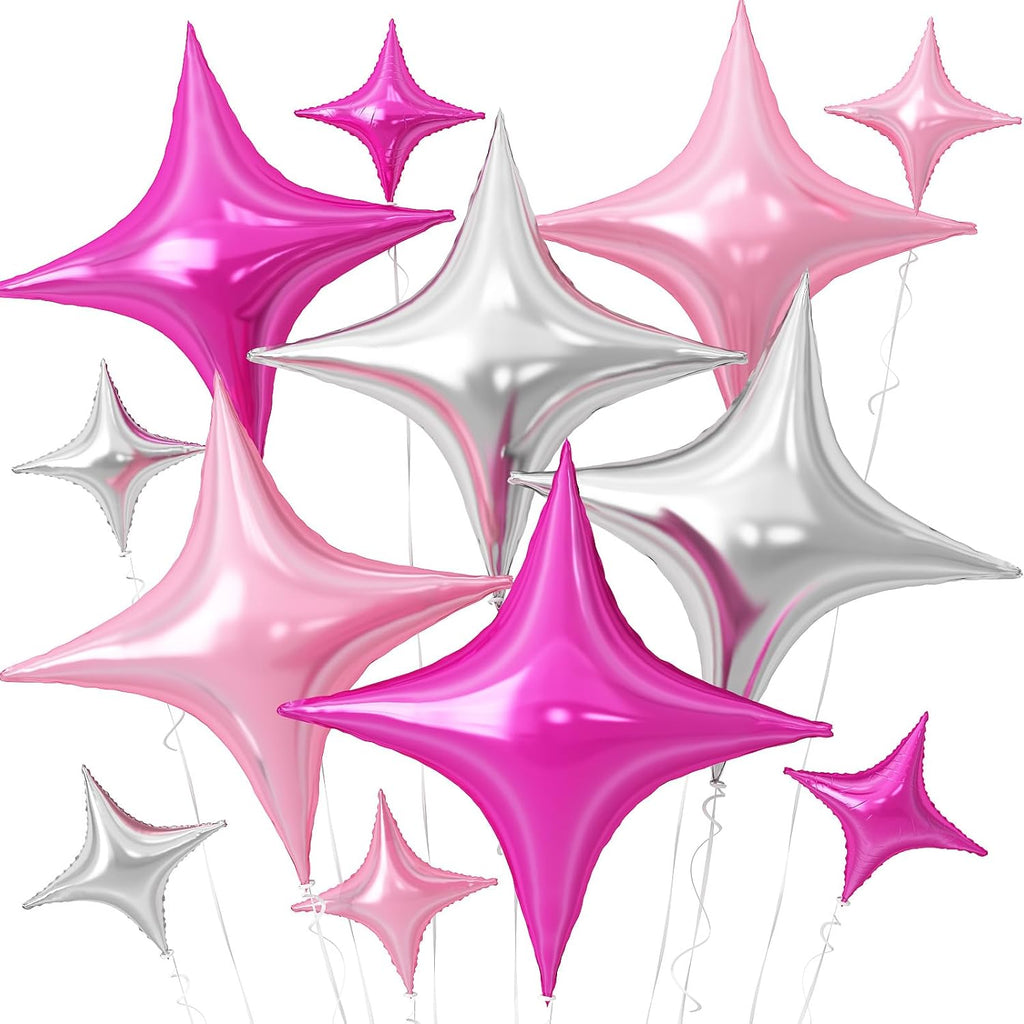 Skiennix Pink Silver Star Balloons - 12 Pcs Foil Balloons in 26 Inch & 10 Inch for Birthday & Anniversary Decor