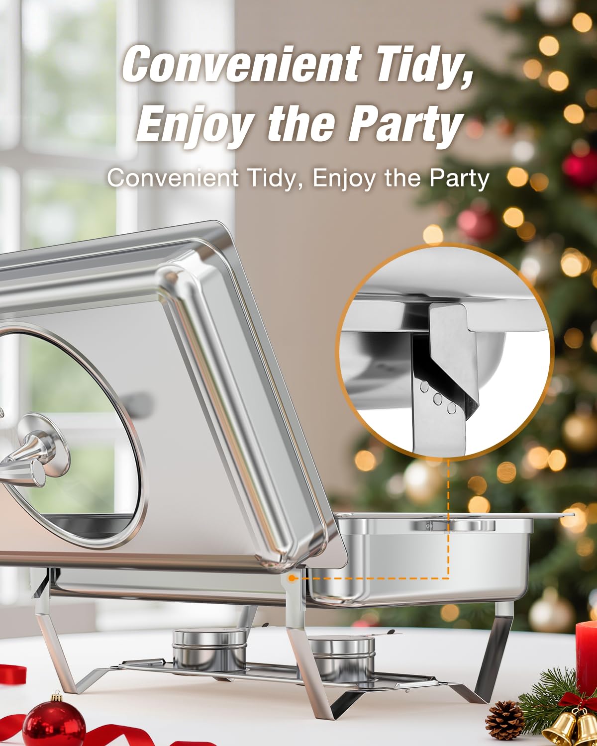 WARMOUNTS Rectangular Chafing Dishes for Buffet with Glass Lid (9QT, 2 Pack), Large Chafers and Buffet Warmers Set w/Mirror-Polished Stainless Steel, Rolled Rim, Lid Holder, Foldable Frame for Party