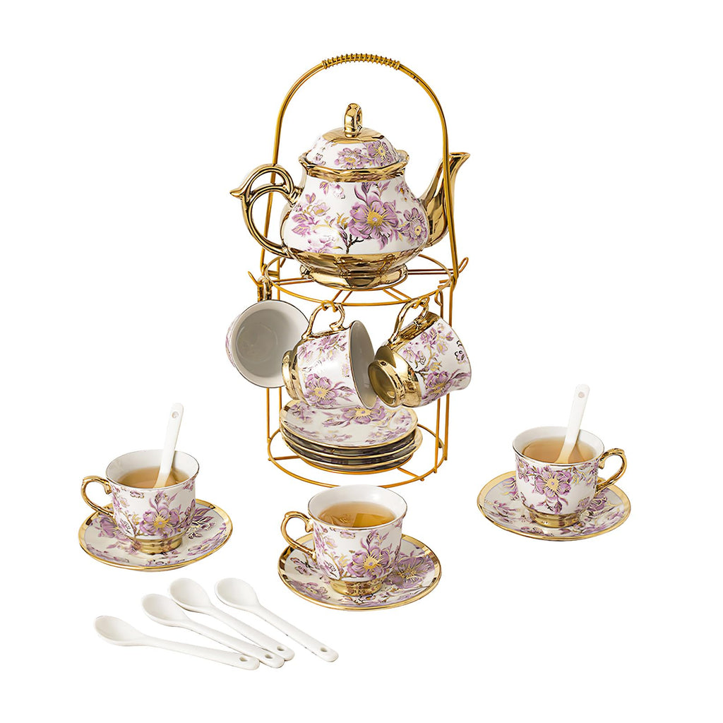 YTDTKJ 20 PCS Ceramic Tea Sets for Women Tea Party, Purple Pattern Tea Set with Gold Shelf, Flower Porcelain Tea Set with 6 Plates & 6 Spoons, Coffee Cup Set for Restaurant Hotels Dinner