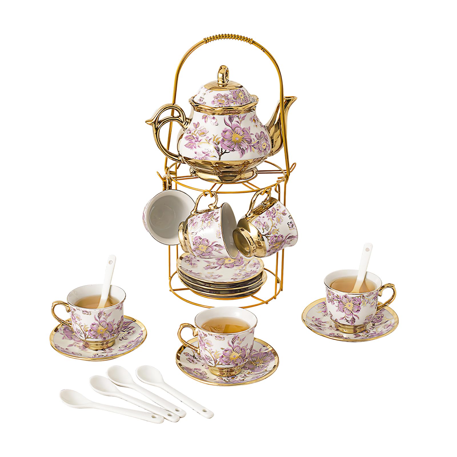 YTDTKJ 20 PCS Ceramic Tea Sets for Women Tea Party, Purple Pattern Tea Set with Gold Shelf, Flower Porcelain Tea Set with 6 Plates & 6 Spoons, Coffee Cup Set for Restaurant Hotels Dinner