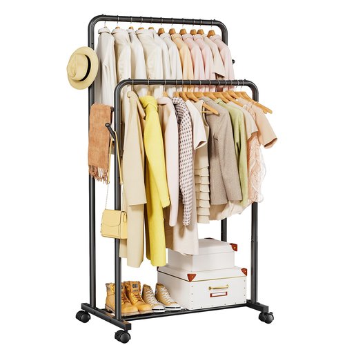 Delamu Clothes Rack, Double Rods Clothing Rack for Hanging Clothes, Metal Garment Rack with Rolling Wheels, Portable Wardrobe Closet Rack for Coat, Bedroom, Laundry, Black
