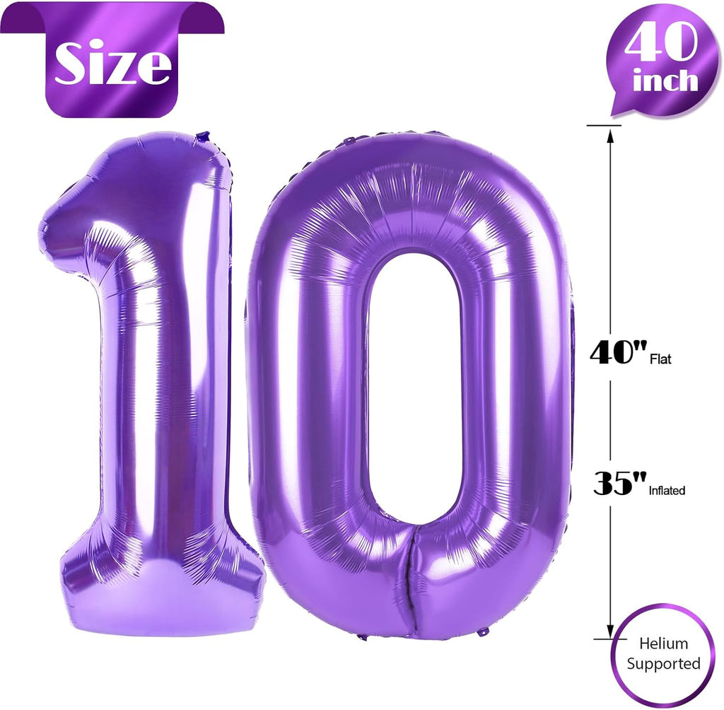 Purple Number 10 Balloon - 40 Inch 10th Birthday Decoration for Girls & Boys Party Supplies