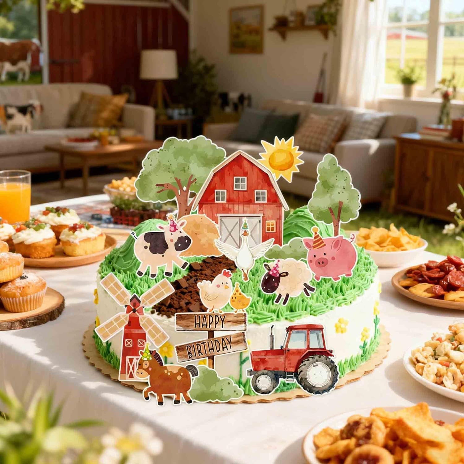 Regine Switzerland 16PCS Farm Animal Cake Decorations - Fun Party Toppers with Barn, Tractor & Animals