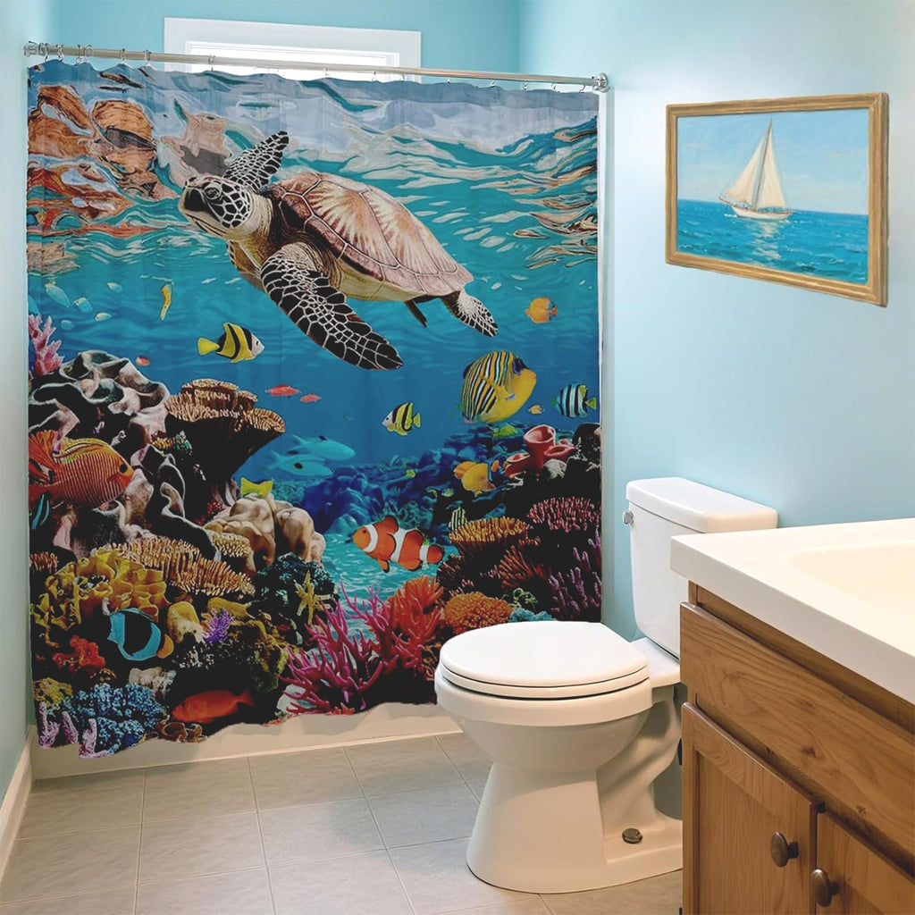 Mocsicka Ocean Shower Curtain Sea Turtle Underwater World Bathroom Decor for Kids Under The Sea Shower Curtain for Bathroom Fishes Coral Waterproof Bath Curtain with Hooks (71x71 Inch, Ocean)